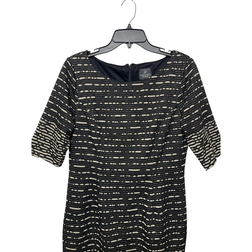 Adrianna Papell Black Gold Metallic Textured Sheath Dress Elbow Sleeve Size 12
